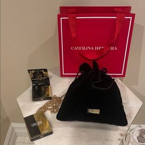 Carolina Herrera Black Velvet drawstring Clutch with Gold Chain